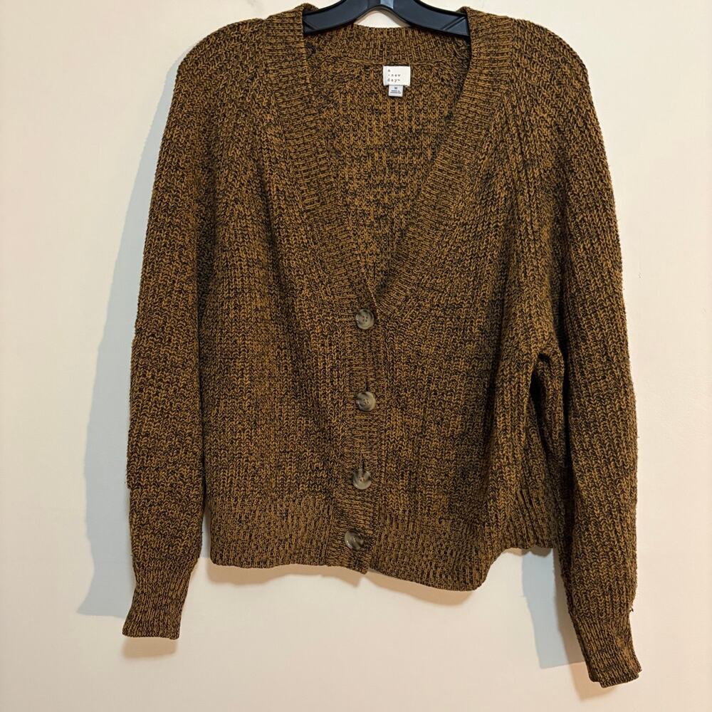 A New Day Cardigan Womens M Brown Marled Knit Button Front Long Sleeve Sweater